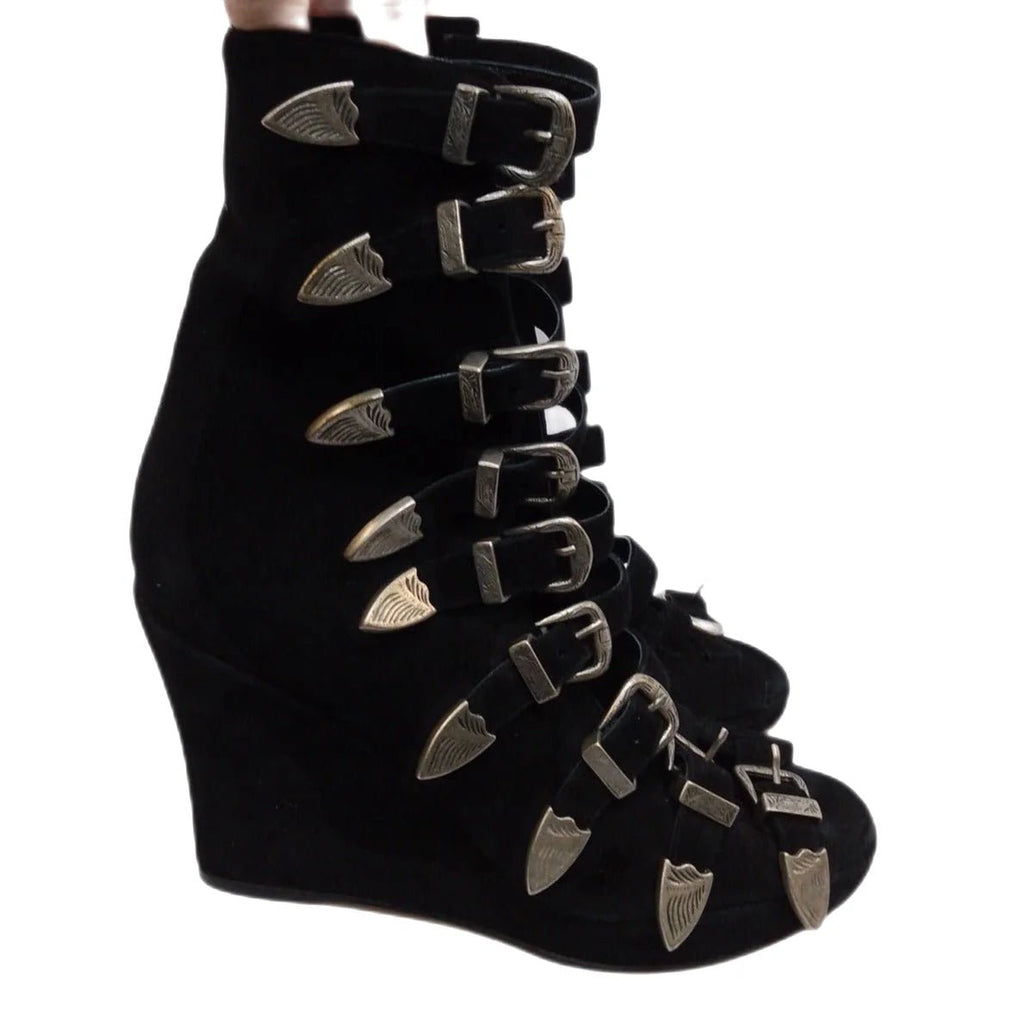 Chloe Sevigny For Opening Ceremony Black Suede Multi Buckle Wedge Booties Size EUR 38 - Spitalfields Crypt Trust
