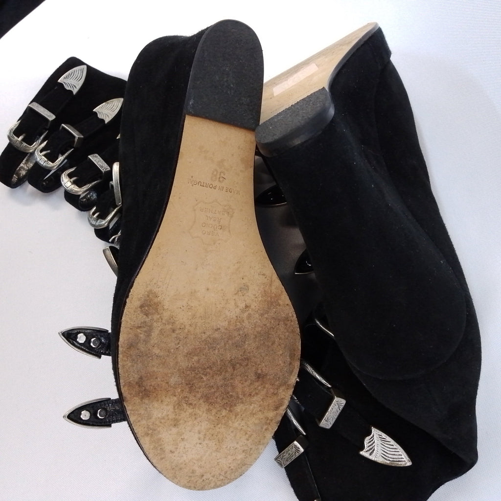 Chloe Sevigny For Opening Ceremony Black Suede Multi Buckle Wedge Booties Size EUR 38 - Spitalfields Crypt Trust