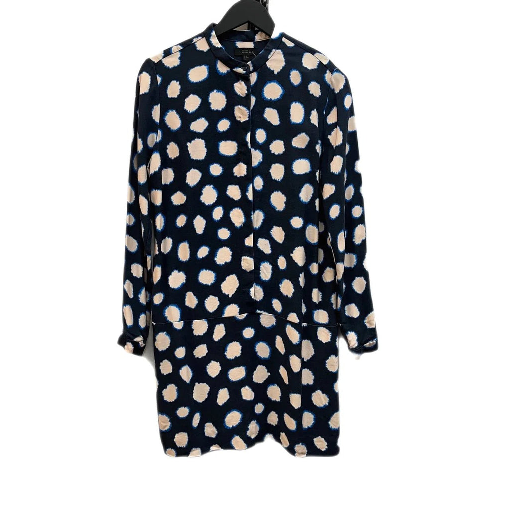 Cos Navy, Blue, Beige Abstract Dot Pattern Collarless Mini Dress Size EUR 38 - Spitalfields Crypt Trust