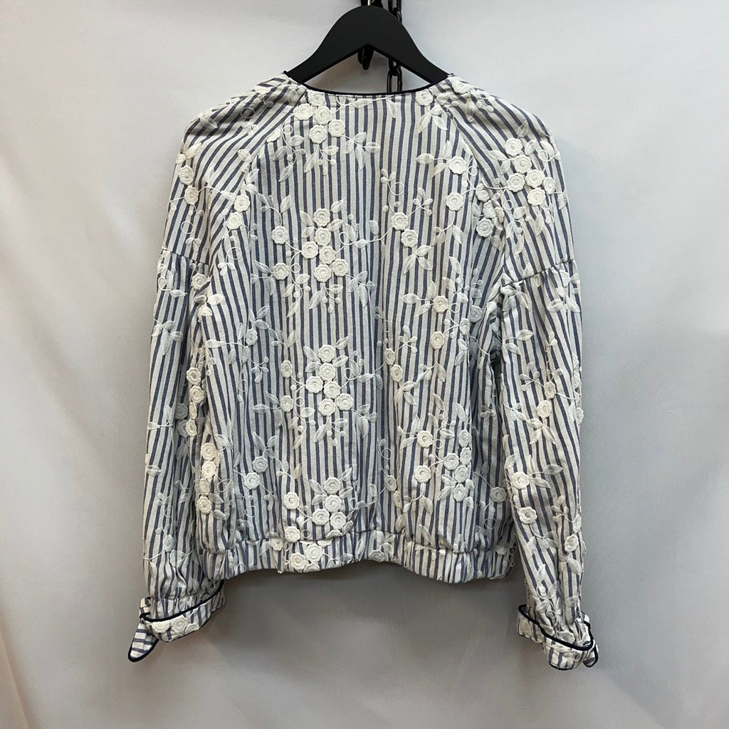 Zara White, Blue Striped Floral Embroidered Jacket Size EUR L - Spitalfields Crypt Trust