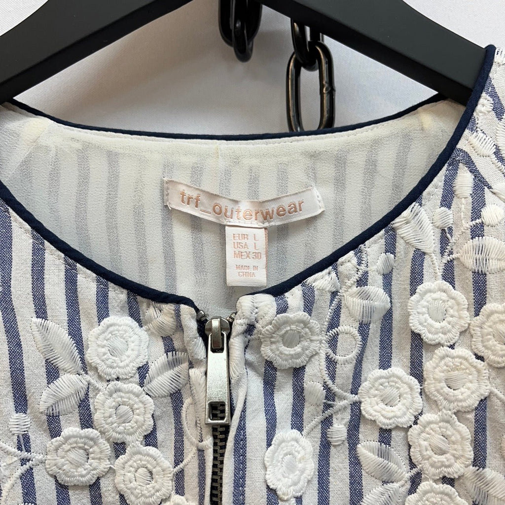 Zara White, Blue Striped Floral Embroidered Jacket Size EUR L - Spitalfields Crypt Trust