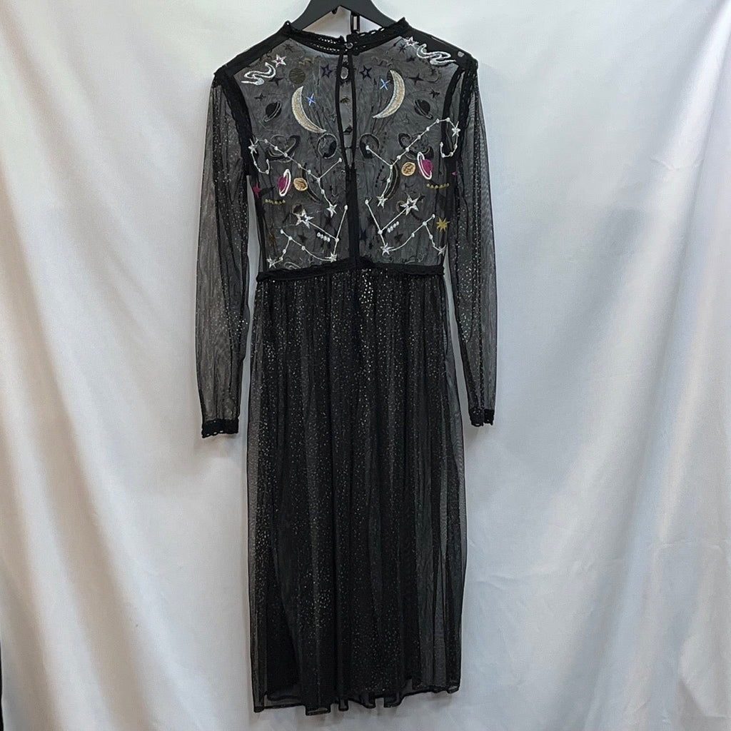 Frock And Frill Black, Multicoloured Galactic Embroidery Long Sleeve Star Print Midi Dress - Spitalfields Crypt Trust