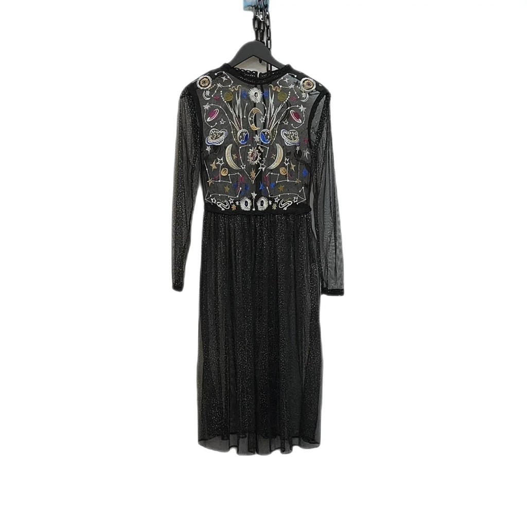 Frock And Frill Black, Multicoloured Galactic Embroidery Long Sleeve Star Print Midi Dress - Spitalfields Crypt Trust