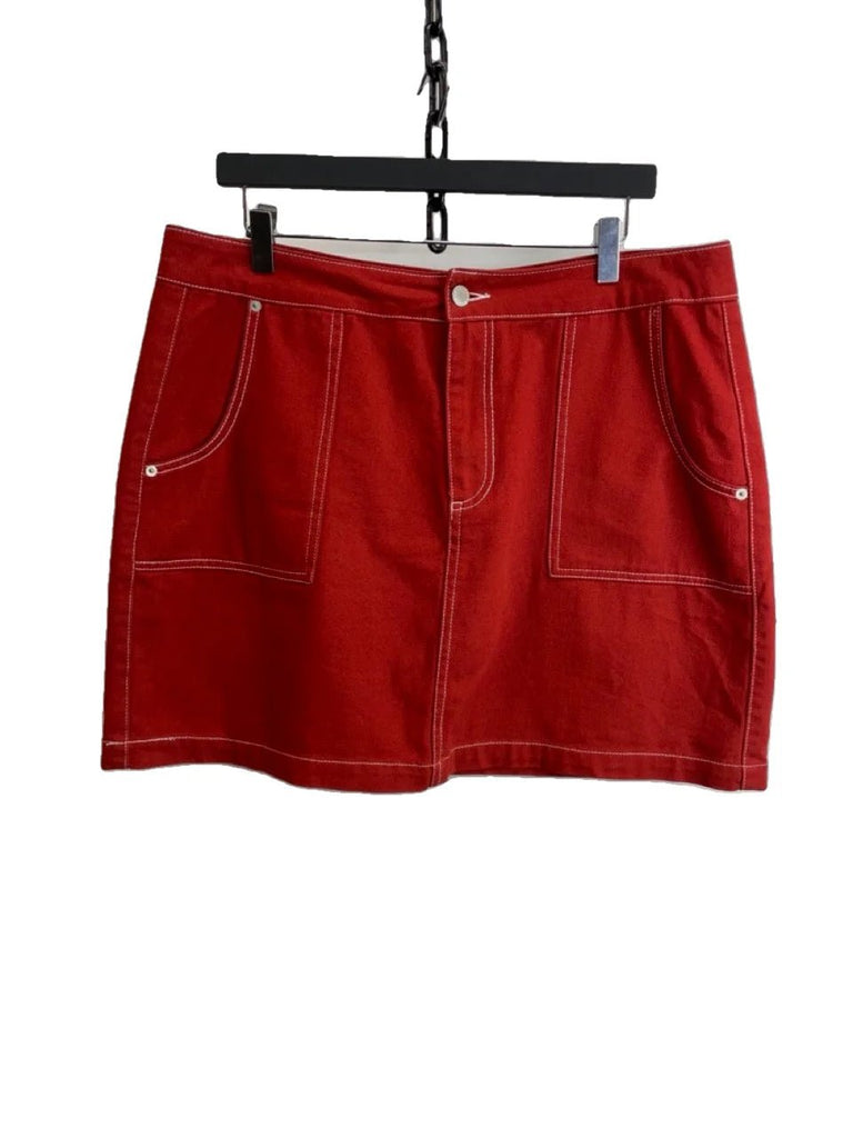 GHANDA. Red Denim Mini Skirt Size 14 - Spitalfields Crypt Trust