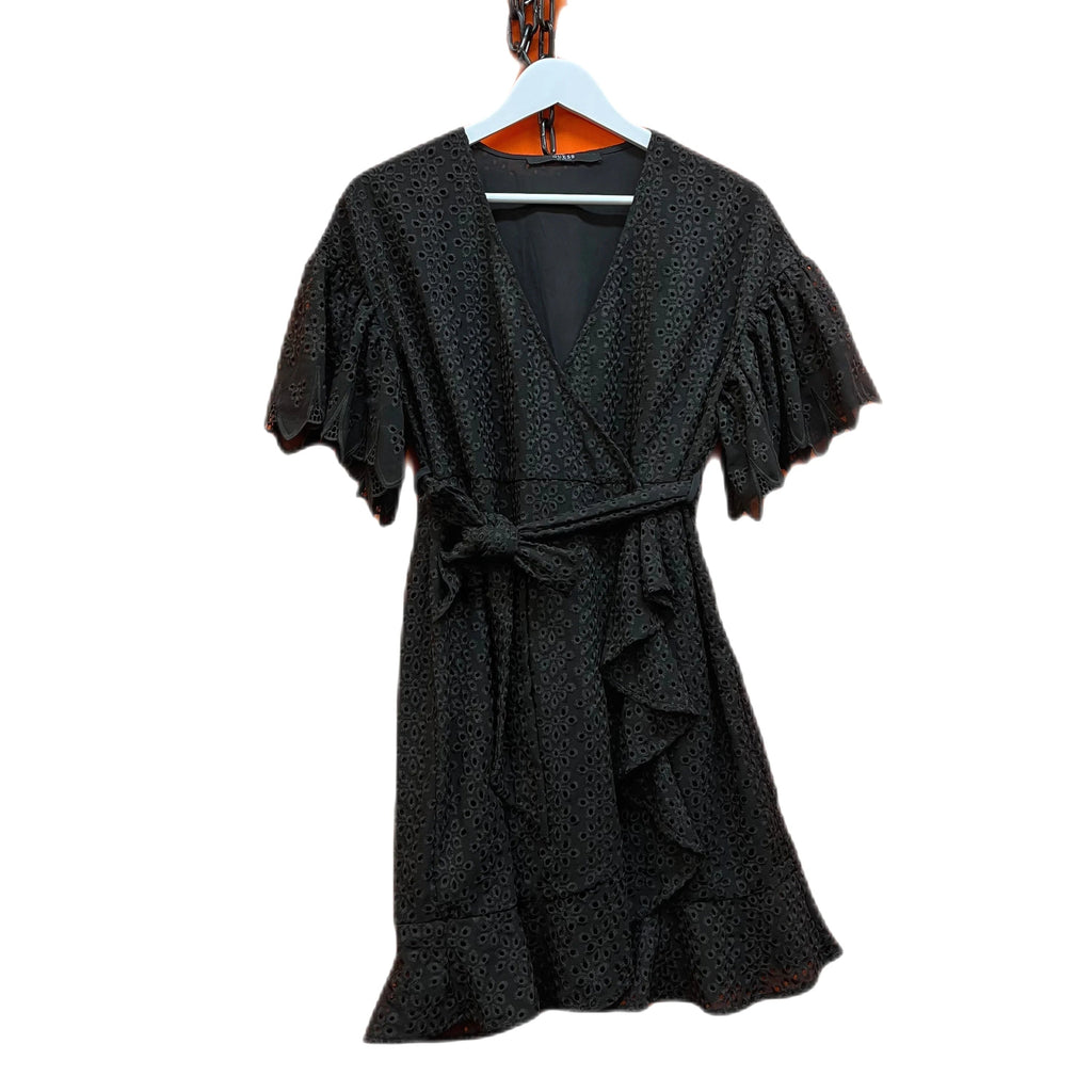 Guess Black Broderie Wrap Frill Dress Size 8 - Spitalfields Crypt Trust