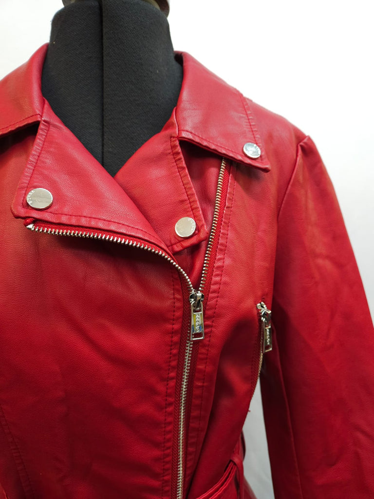 Guess Faux Vegan Leather Red Biker Jacket Size Small - Spitalfields Crypt Trust