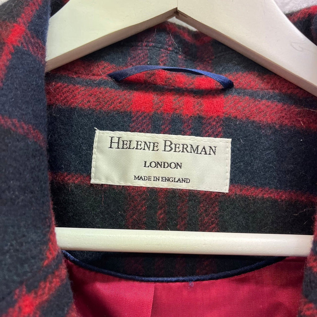 Helene Berman Red, Navy, Black Wool Blend Check Coat Size 10 - Spitalfields Crypt Trust