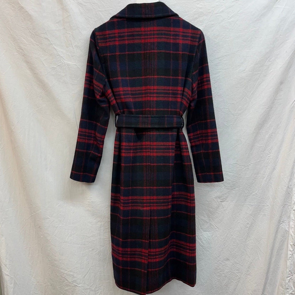 Helene Berman Red, Navy, Black Wool Blend Check Coat Size 10 - Spitalfields Crypt Trust
