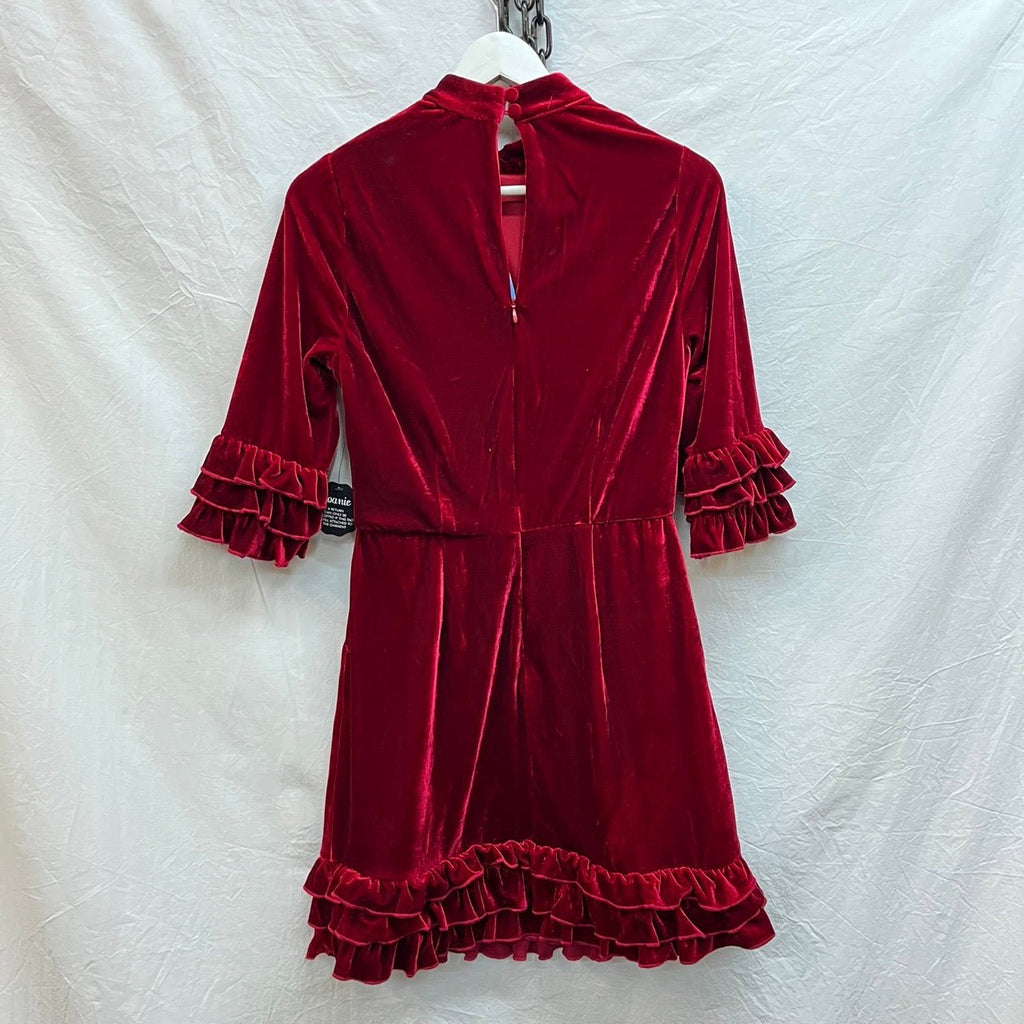 Joanie Red Bellisima Velvet Ruffle Mini Dress Size 10 - Spitalfields Crypt Trust
