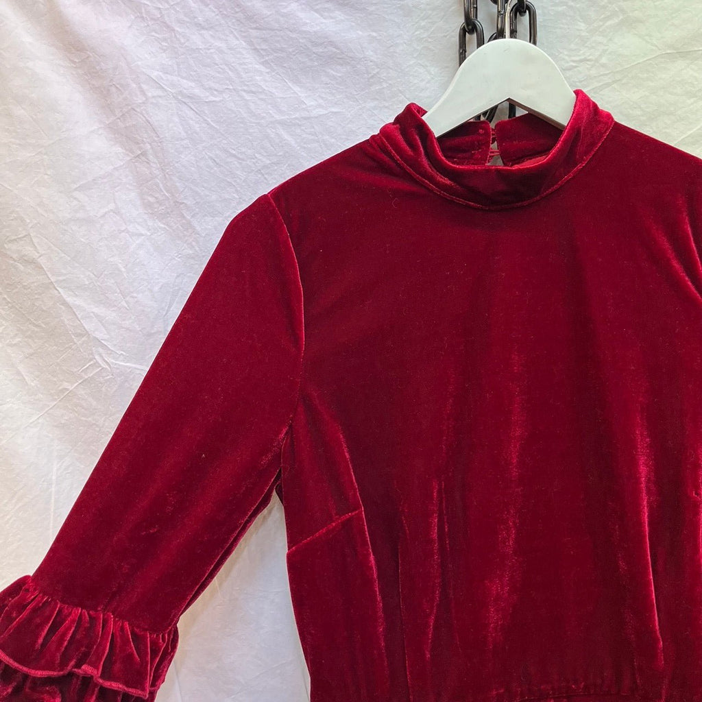 Joanie Red Bellisima Velvet Ruffle Mini Dress Size 10 - Spitalfields Crypt Trust