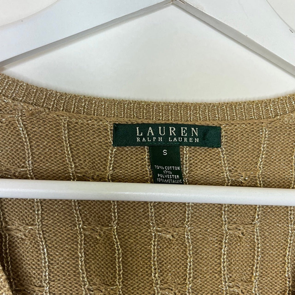 Lauren Ralph Lauren Gold Cable Knit V Neck Jumper Size S - Spitalfields Crypt Trust