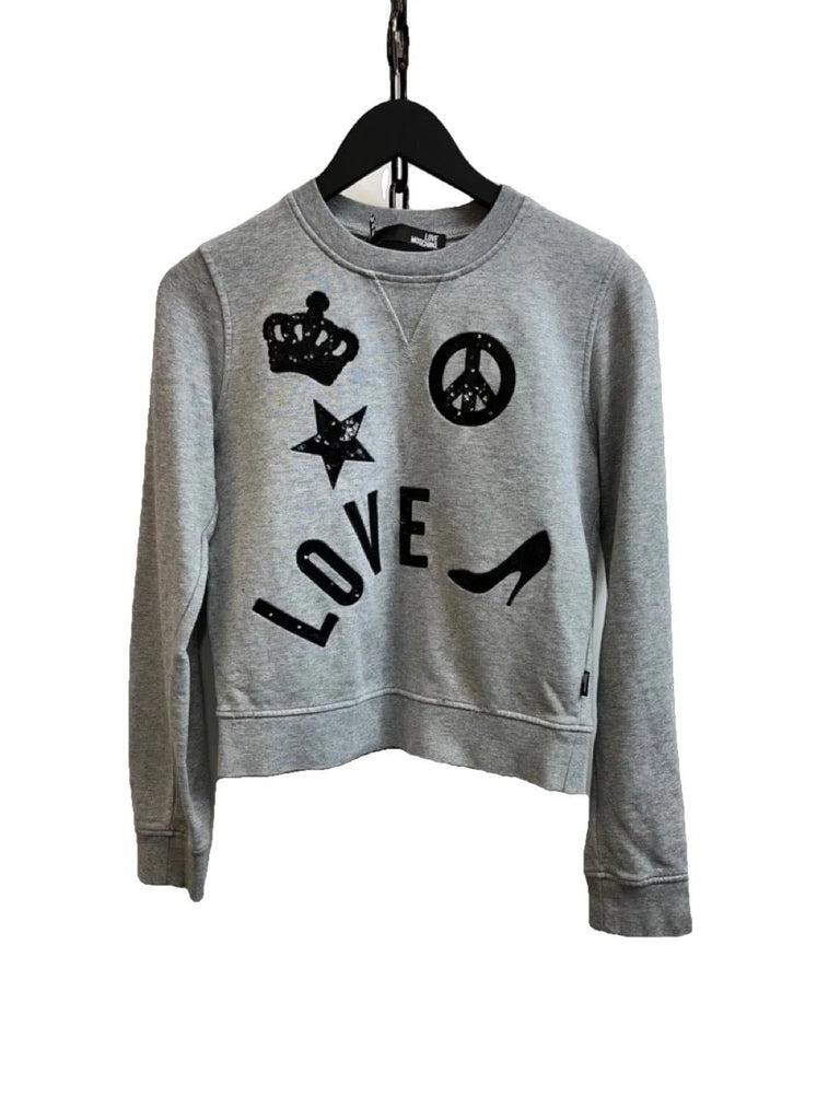 LOVE MOSCHINO Grey, Black Patches Sweatshirt Size GB 8 - Spitalfields Crypt Trust