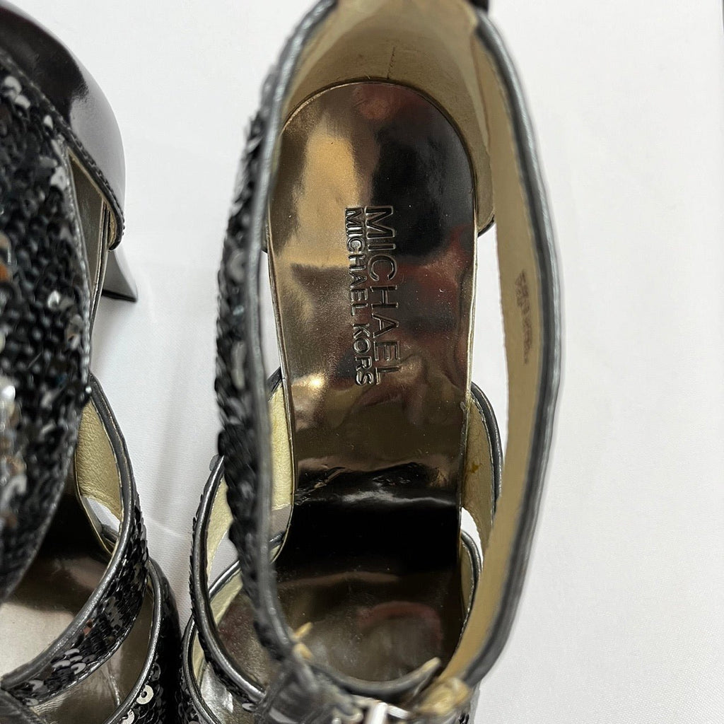 Michael Kors Grey Sequin Zip Front T Strap Heeled Sandals Size US 7.5 - Spitalfields Crypt Trust