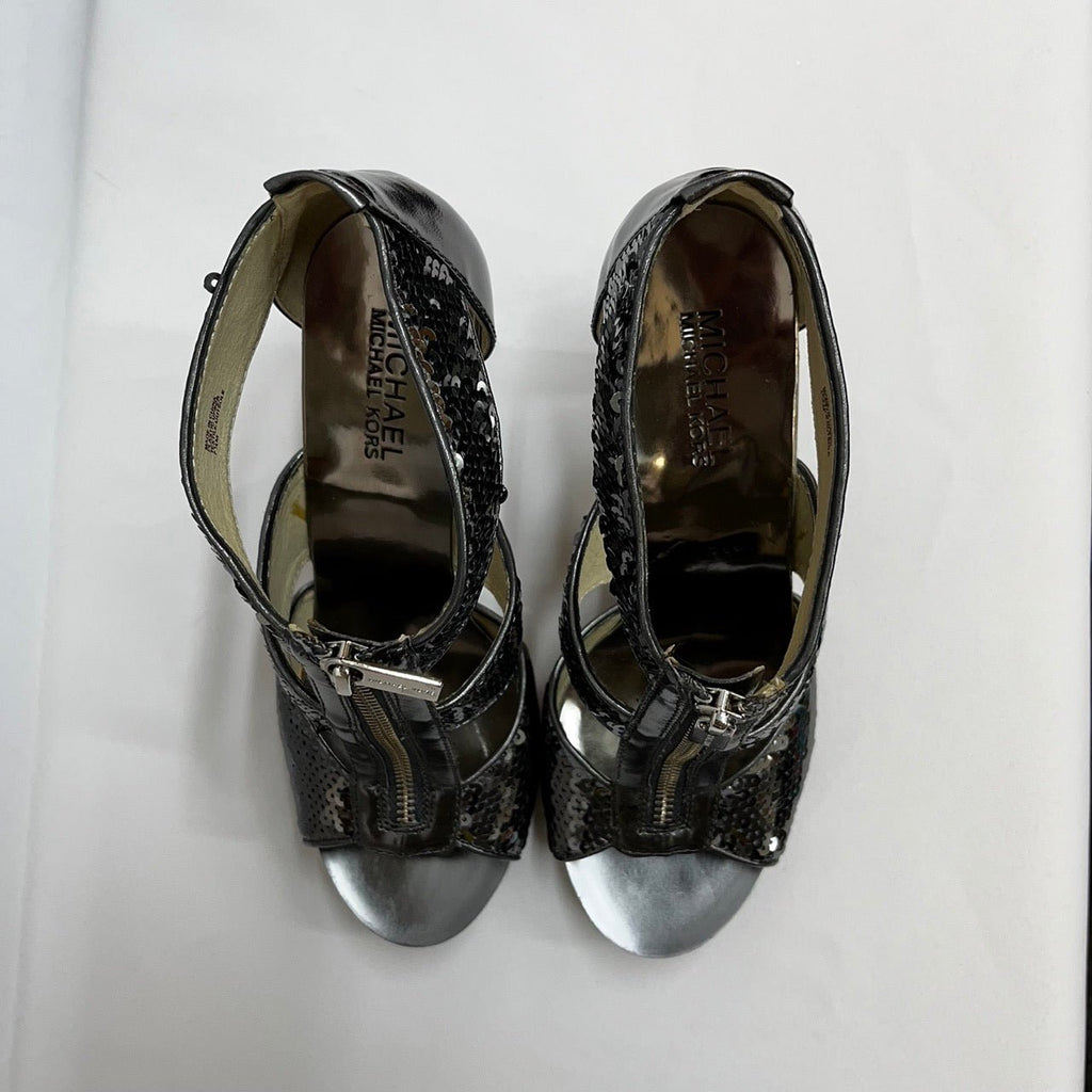 Michael Kors Grey Sequin Zip Front T Strap Heeled Sandals Size US 7.5 - Spitalfields Crypt Trust
