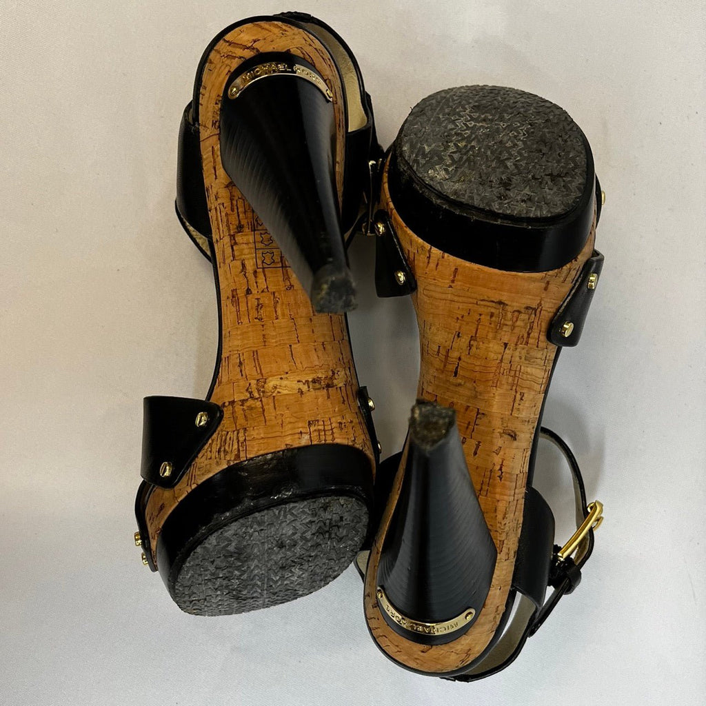 Michael Michael Kors Black Leather Cork and Wood Platform Heeled Sandals Size US 7M - Spitalfields Crypt Trust