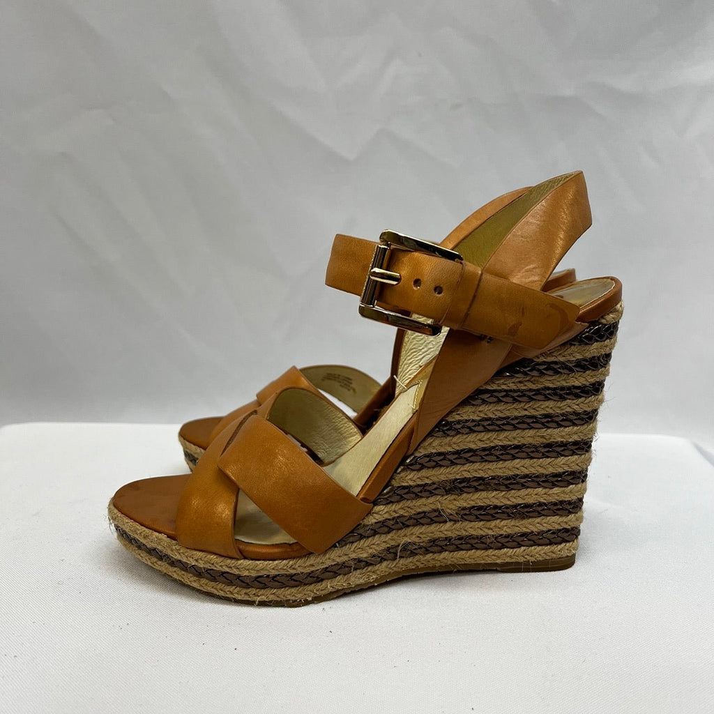 Michael Michael Kors Brown, Beige Canvas and Leather Wedge Sandals Size US 7M - Spitalfields Crypt Trust