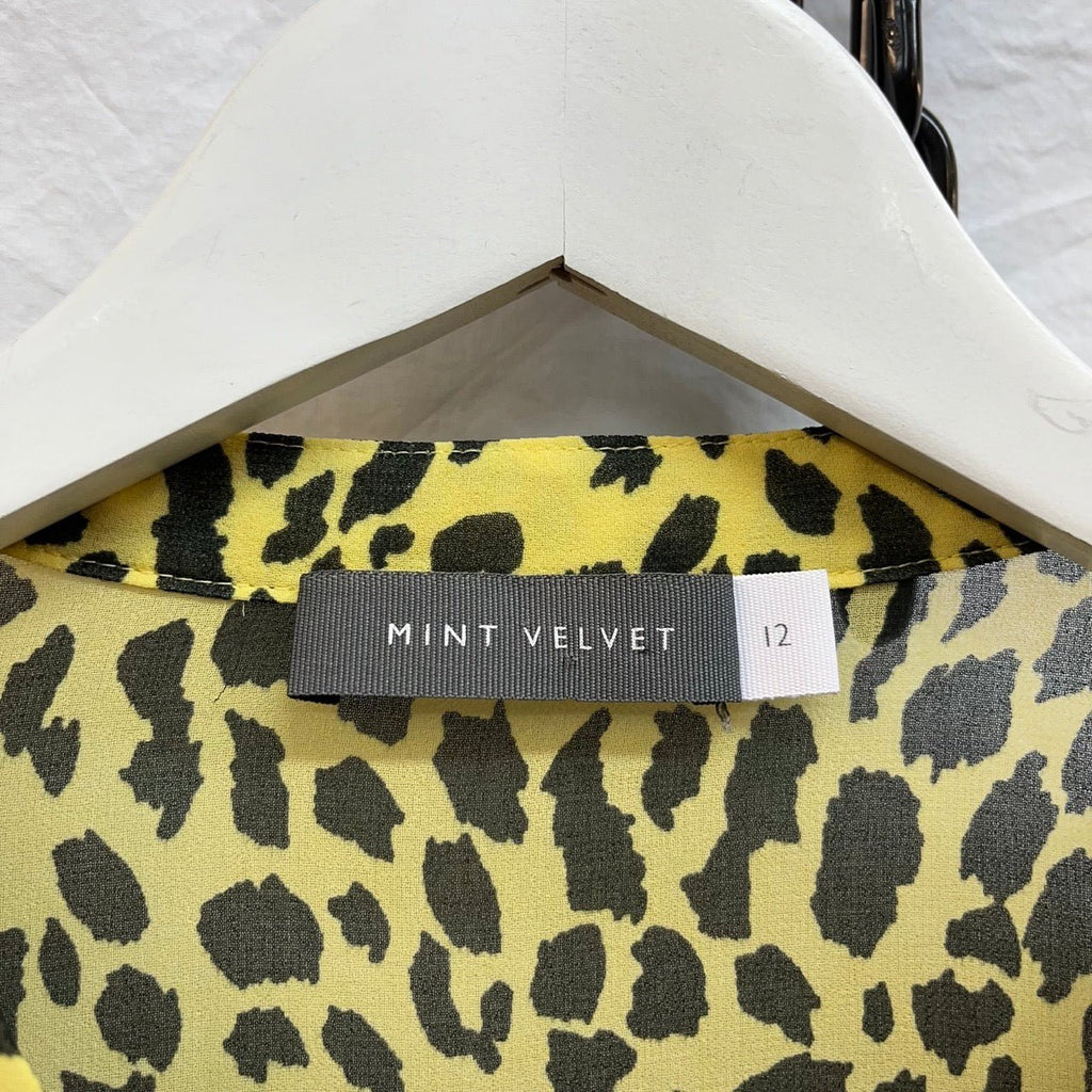 Mint Velvet Yellow, Black Animal Print V Neck Blouse Size 12 - Spitalfields Crypt Trust