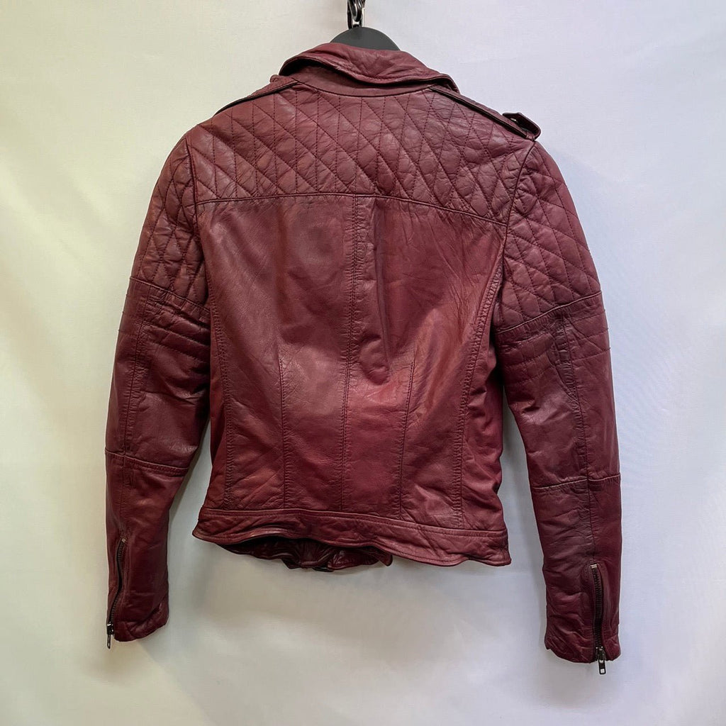 Muubaa Burgundy Biker Leather Jacket Size UK 4 - Spitalfields Crypt Trust