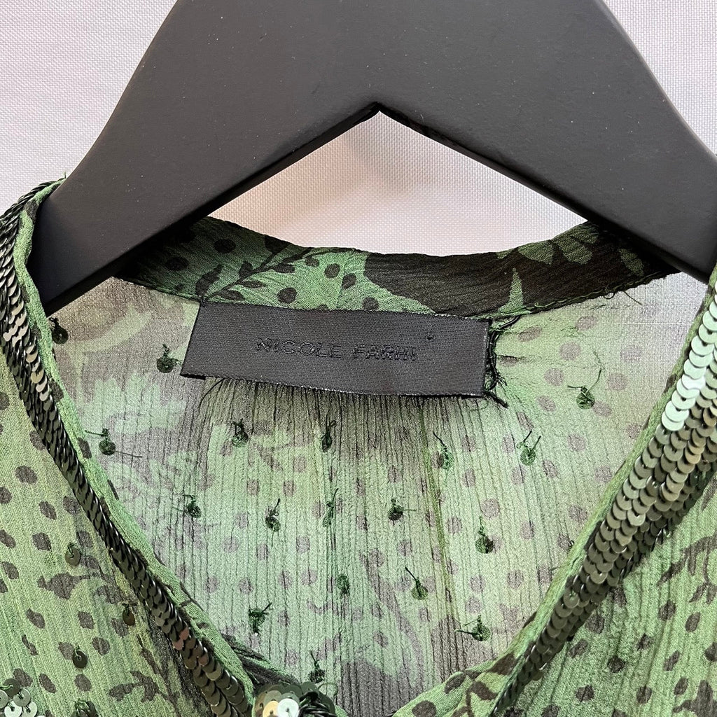 Nicole Farhi Green, Black Sequin Details Bow Tie Silk Blouse Size UK 10 - Spitalfields Crypt Trust