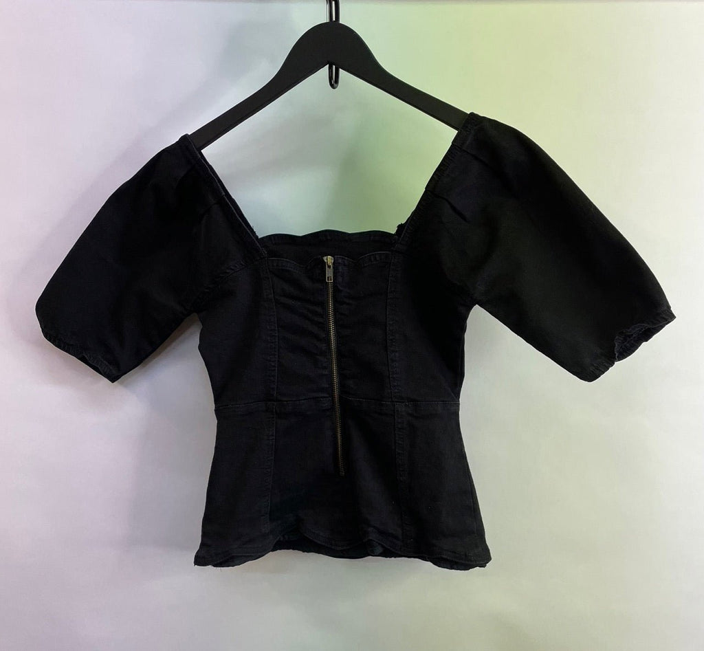 OASIS Black Puff Sleeve Scallop Top Size 8 - Spitalfields Crypt Trust