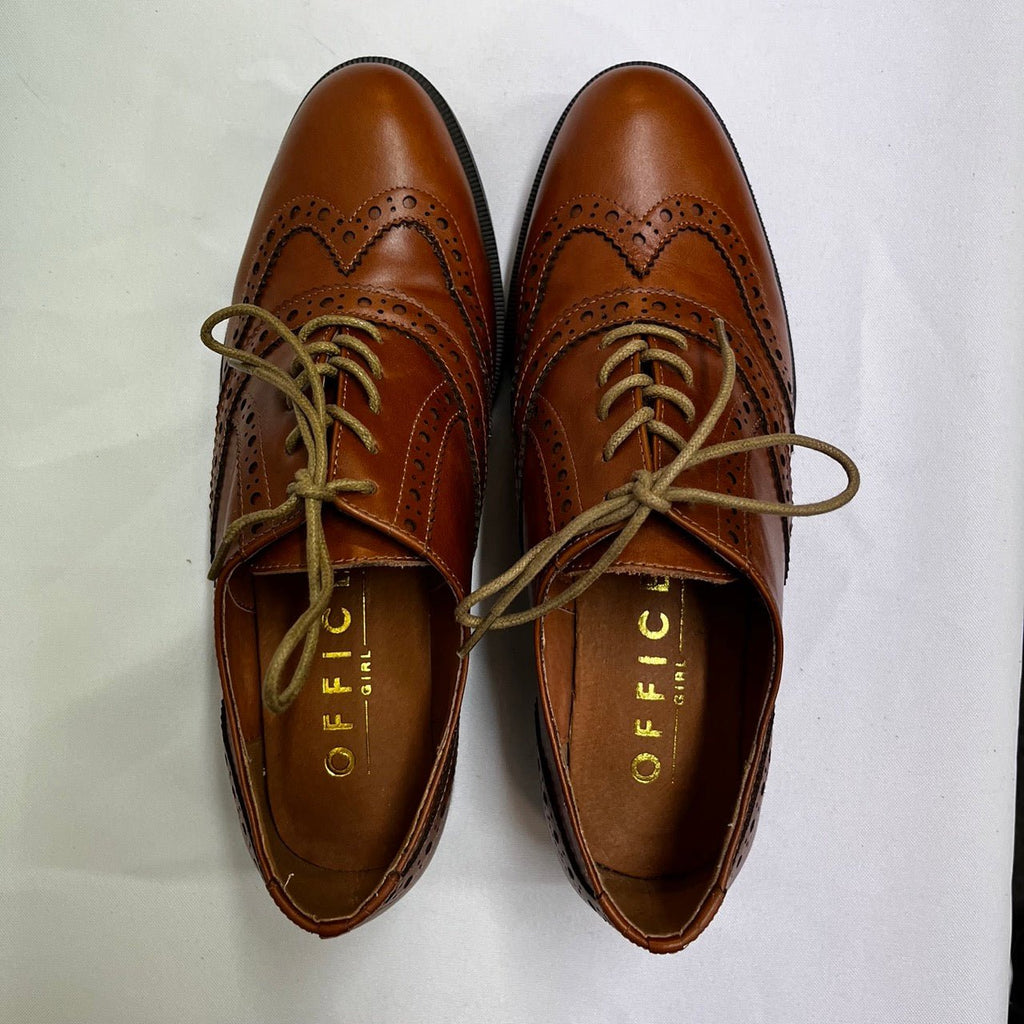 Office Girl Brown Lace Up Leather Flat Oxford Shoes Size EUR 38, UK 5 - Spitalfields Crypt Trust