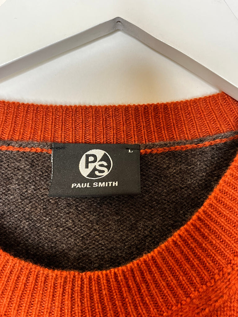 Paul Smith Merino Wool Colour Block Orange, Red, Brown Jumper Size L - Spitalfields Crypt Trust