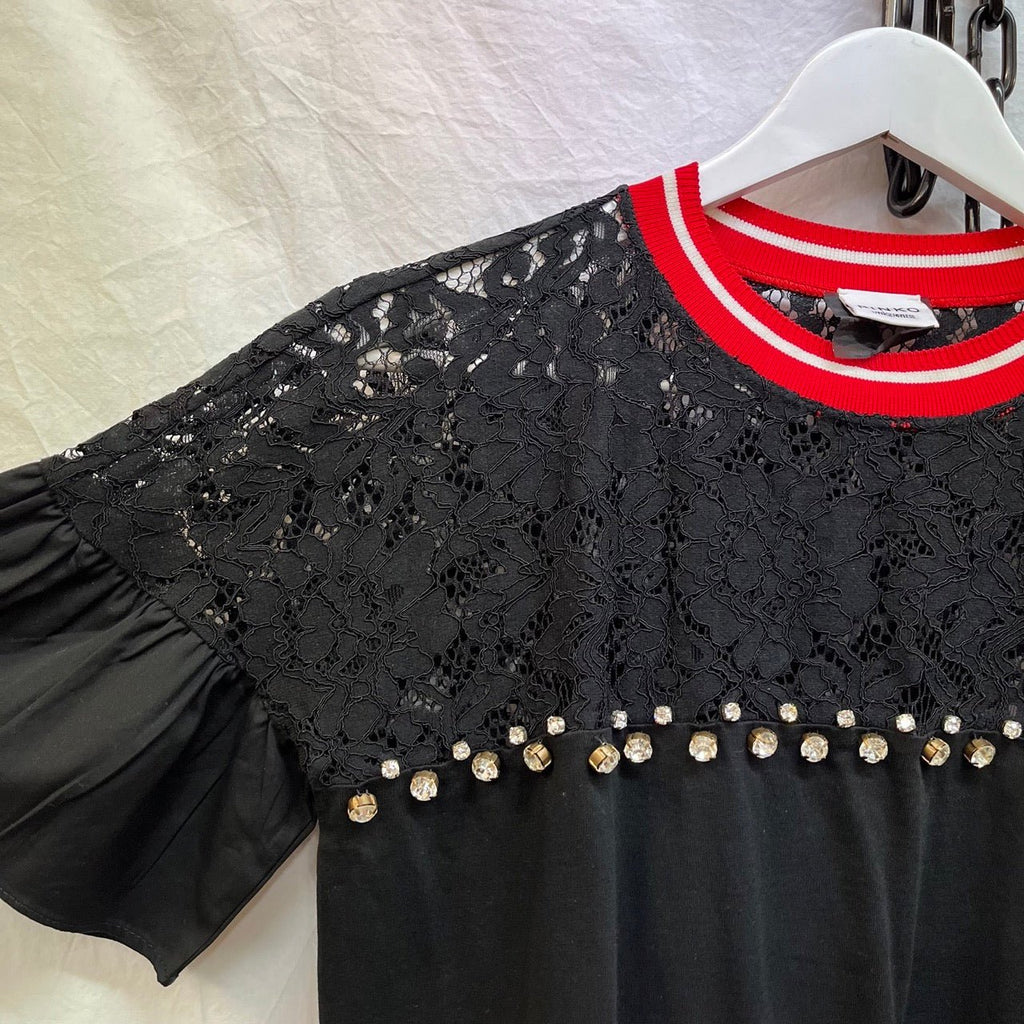 Pinko Uniqueness Black, Red, White Lace Insert Top Size M - Spitalfields Crypt Trust