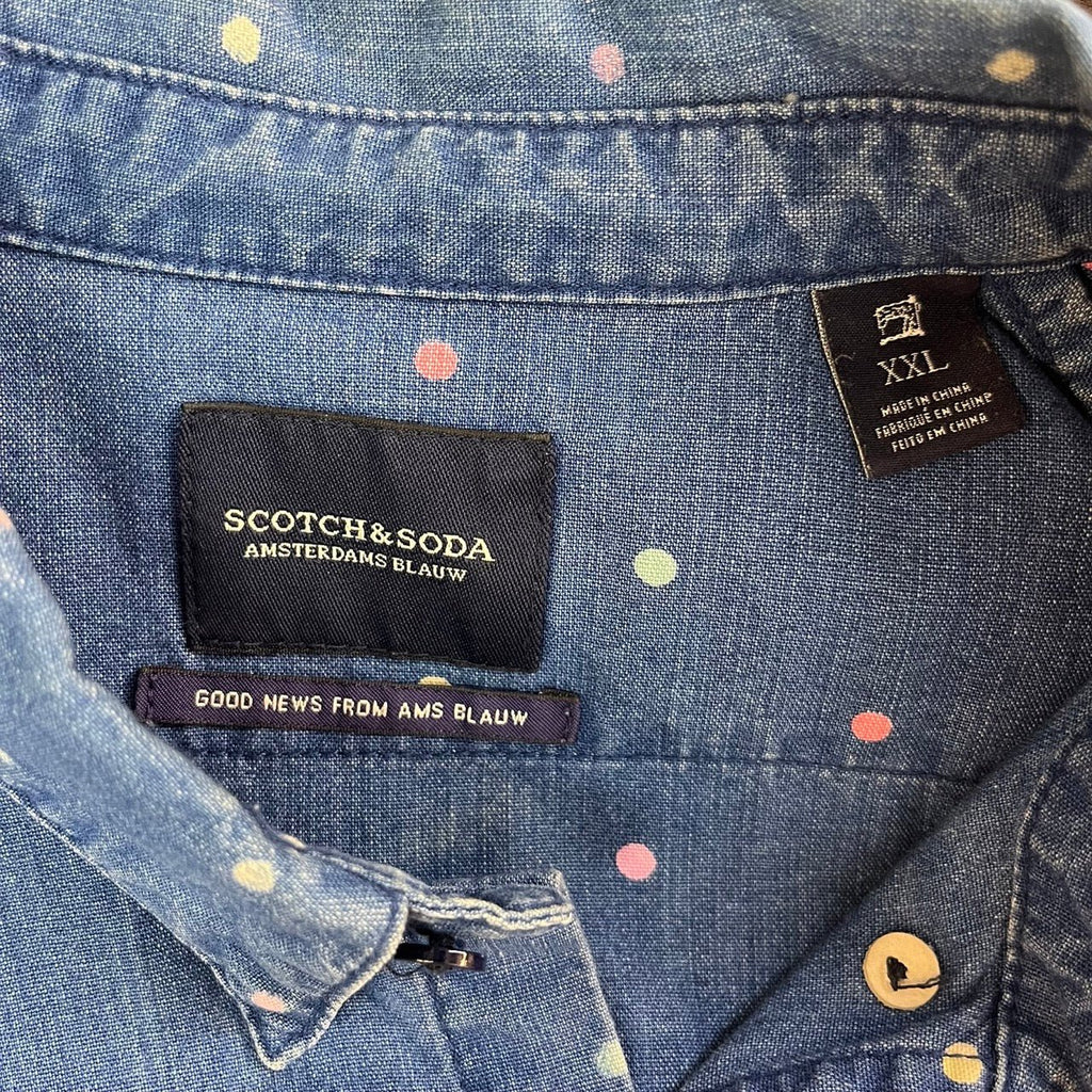 Scotch & Soda Blue, Multicoloured Polka Dot Denim Shirt Size XXL - Spitalfields Crypt Trust