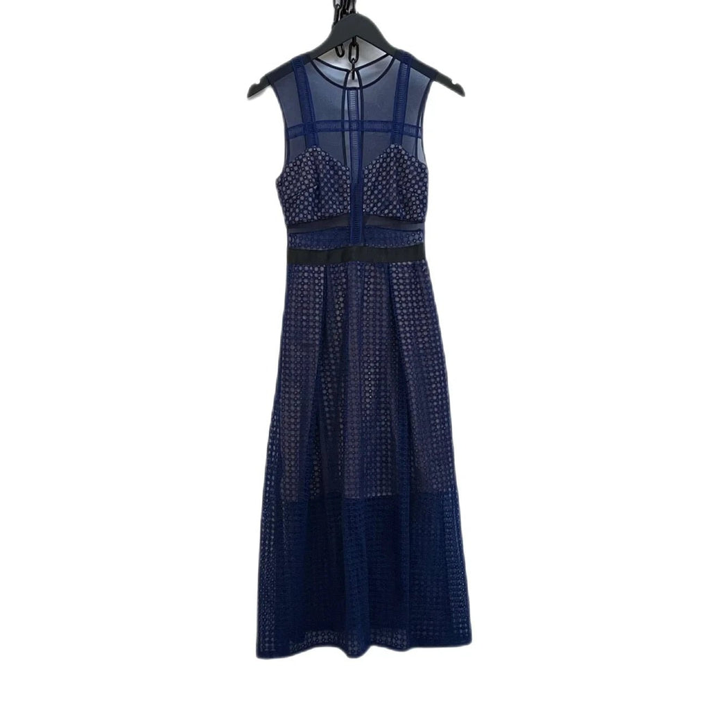 Self - Portrait Royal Blue, Beige Embroidered Tulle Organza Midi Dress Size UK 6 - Spitalfields Crypt Trust