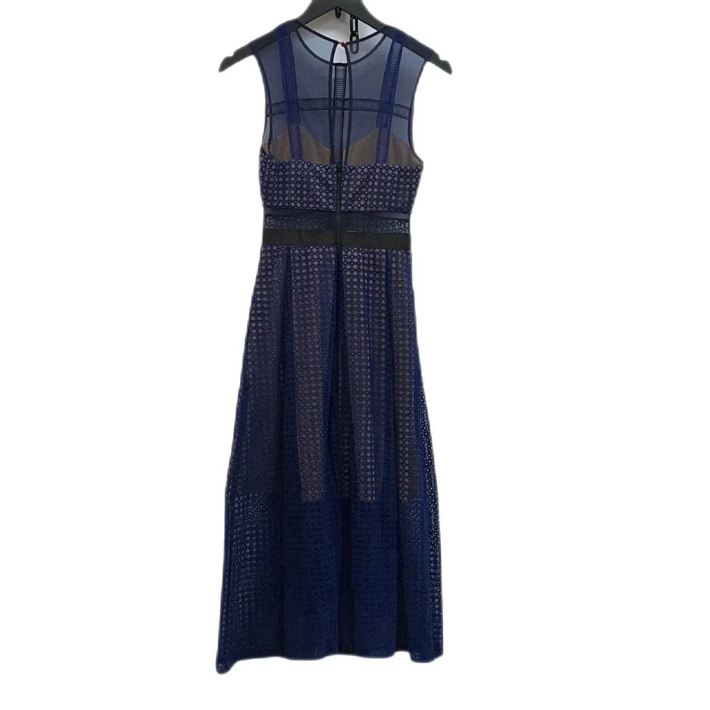 Self - Portrait Royal Blue, Beige Embroidered Tulle Organza Midi Dress Size UK 6 - Spitalfields Crypt Trust