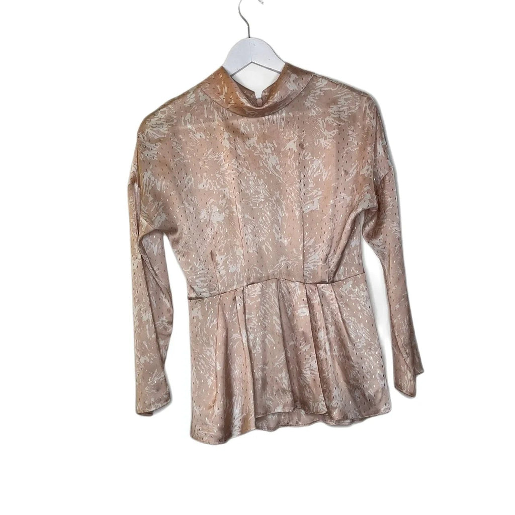 TopShop Light Peach, White, Gold Abstract Print High Collar Blouse Size UK 6 - Spitalfields Crypt Trust