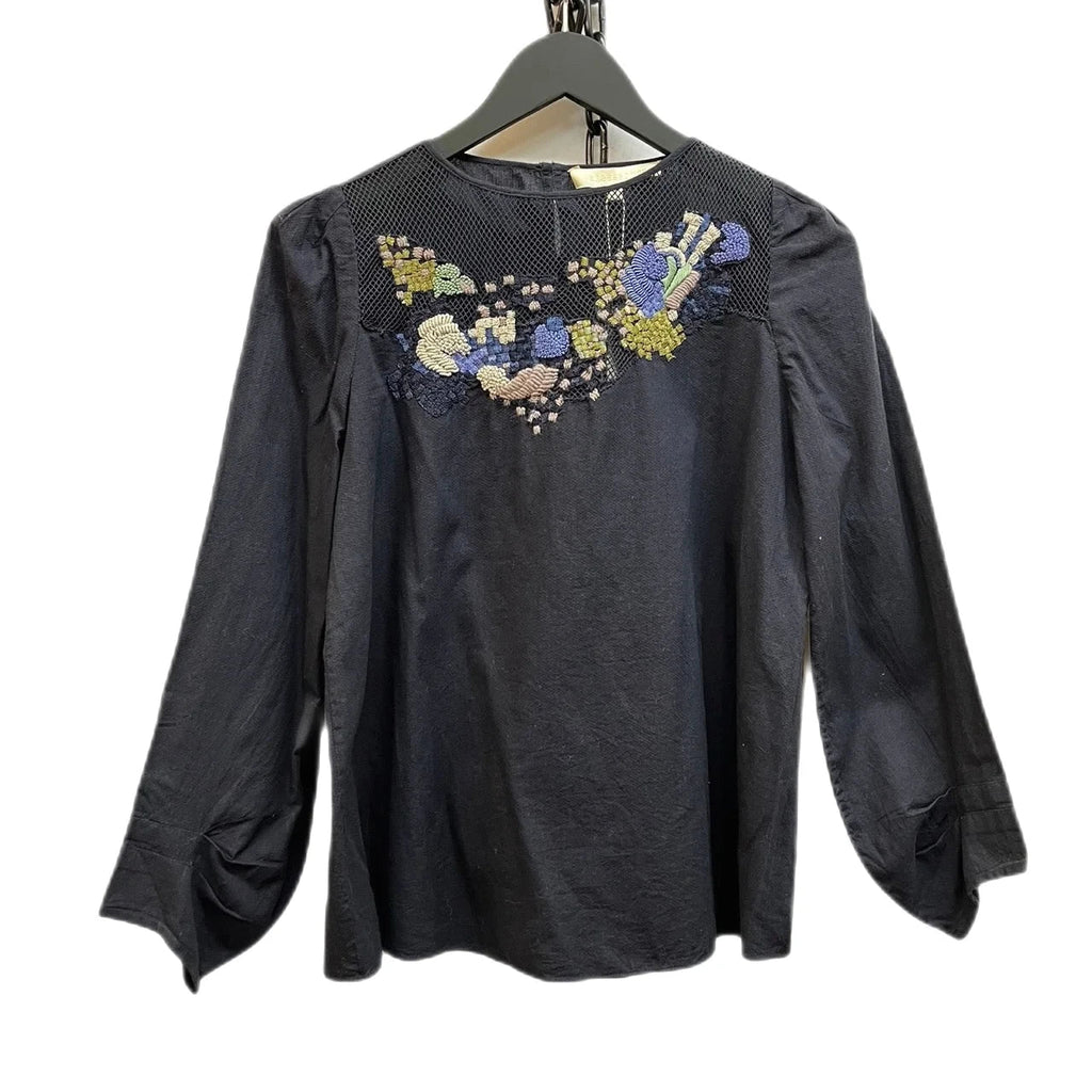 Vanessa Bruno Navy, Multicoloured Mesh Panelled Embroidered Blouse Size 34 - Spitalfields Crypt Trust
