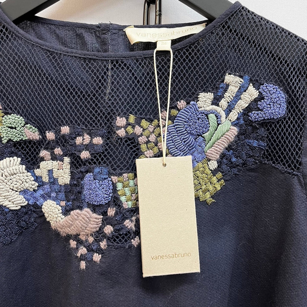 Vanessa Bruno Navy, Multicoloured Mesh Panelled Embroidered Blouse Size 34 - Spitalfields Crypt Trust