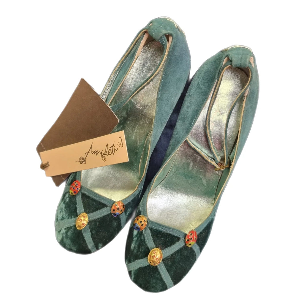 Vero Cuoio Italy Teal Ladybird Charm Heeled Shoes UK Size 3 EUR 36 - Spitalfields Crypt Trust