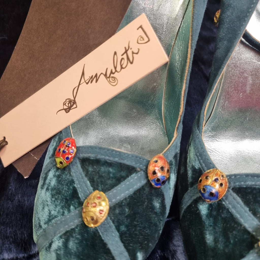 Vero Cuoio Italy Teal Ladybird Charm Heeled Shoes UK Size 3 EUR 36 - Spitalfields Crypt Trust