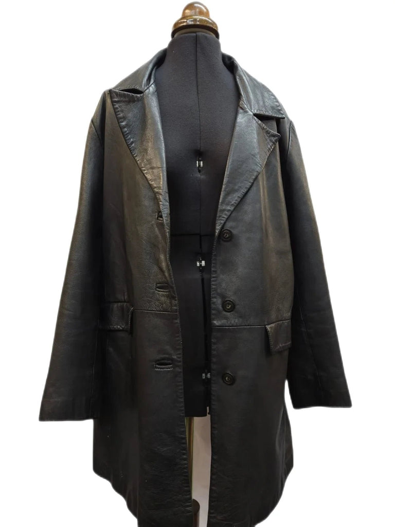 Vintage 1990s Black Leather Longline Coat Jacket - Spitalfields Crypt Trust