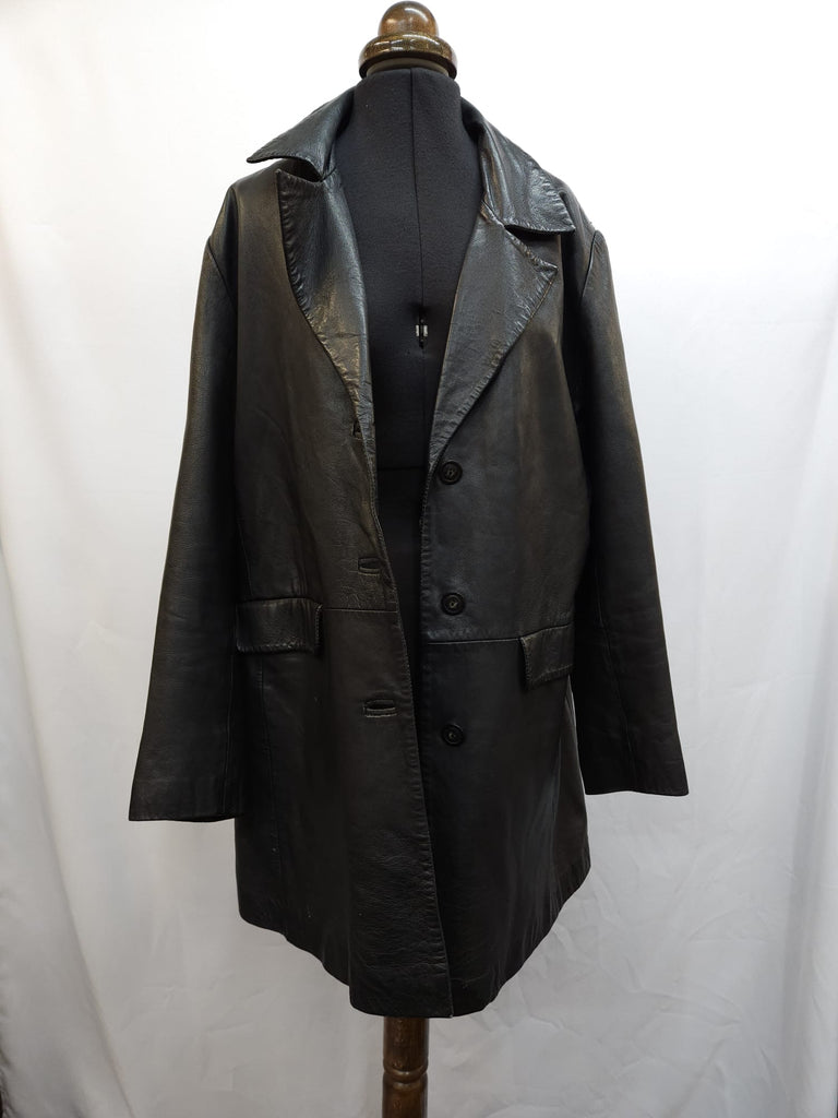 Vintage 1990s Black Leather Longline Coat Jacket - Spitalfields Crypt Trust