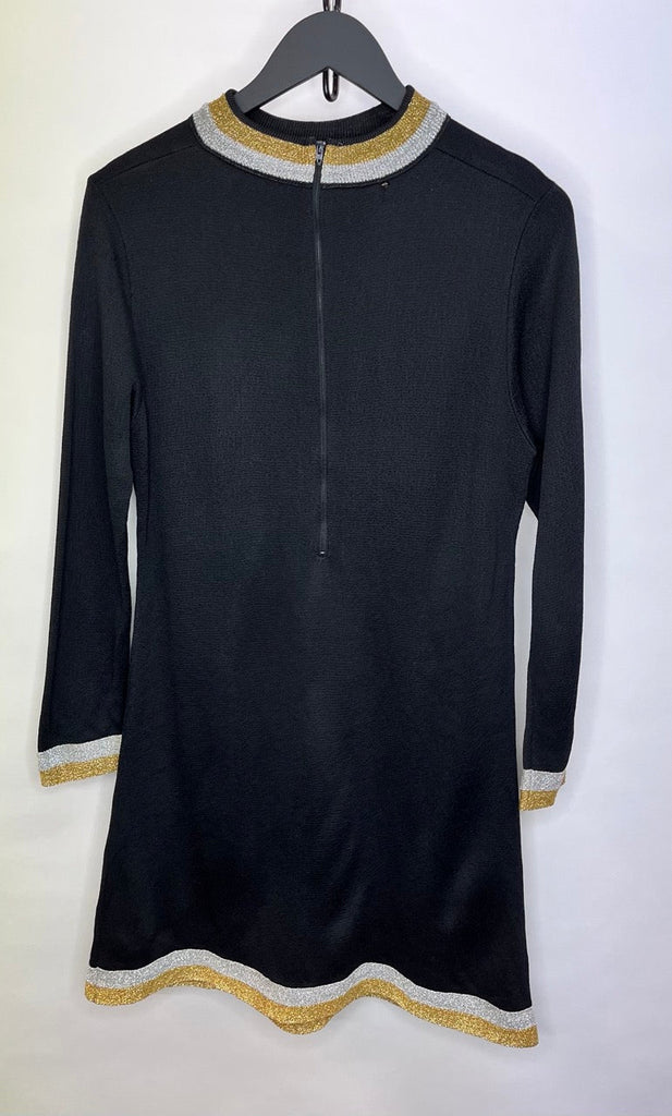 VINTAGE CASTLE HILL Black, Silver, Gold Knitted Dress Size 14 TO LIST - Spitalfields Crypt Trust
