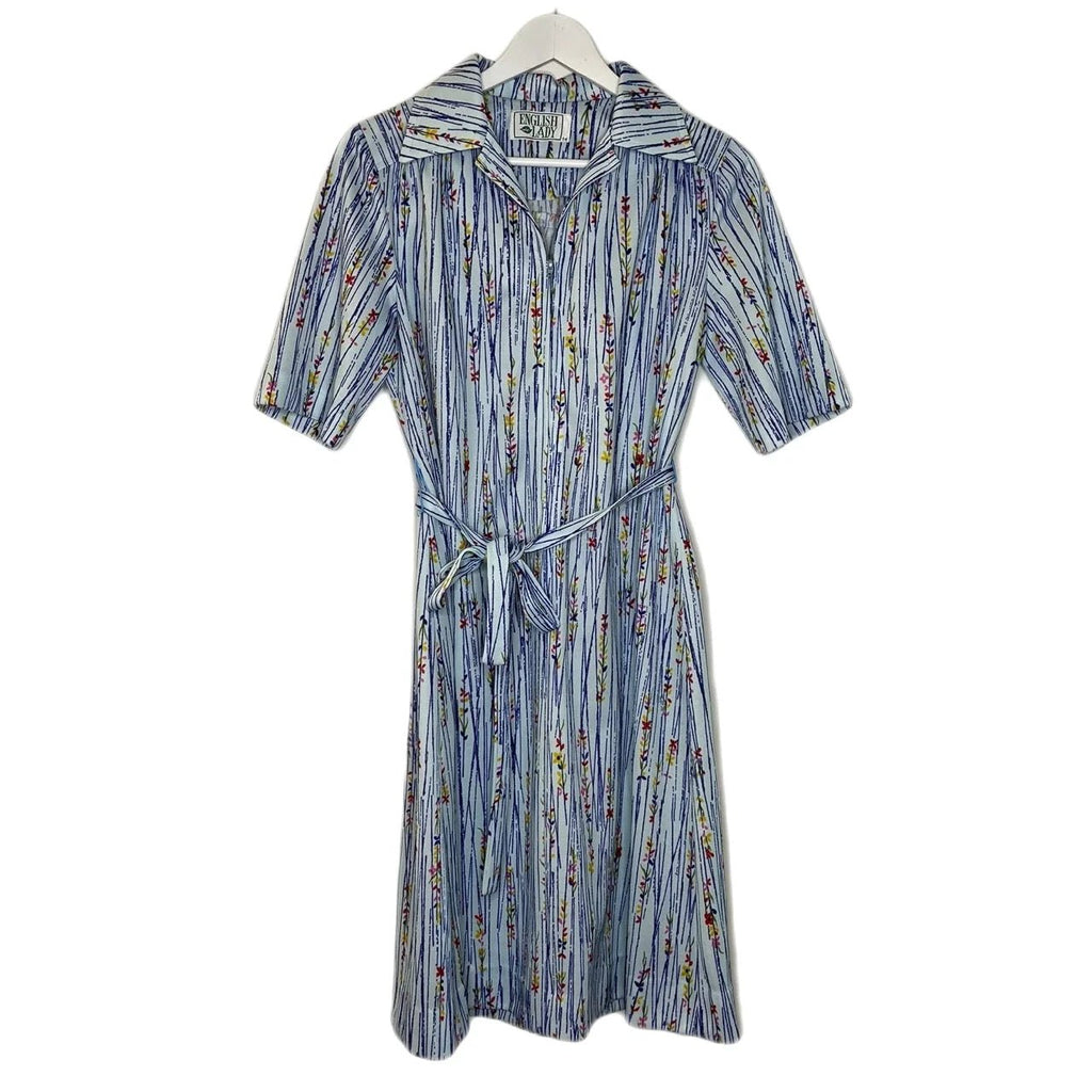 Vintage English Lady Blue Striped Floral Print Zip Up Short Sleeve Dress Size 14 - Spitalfields Crypt Trust