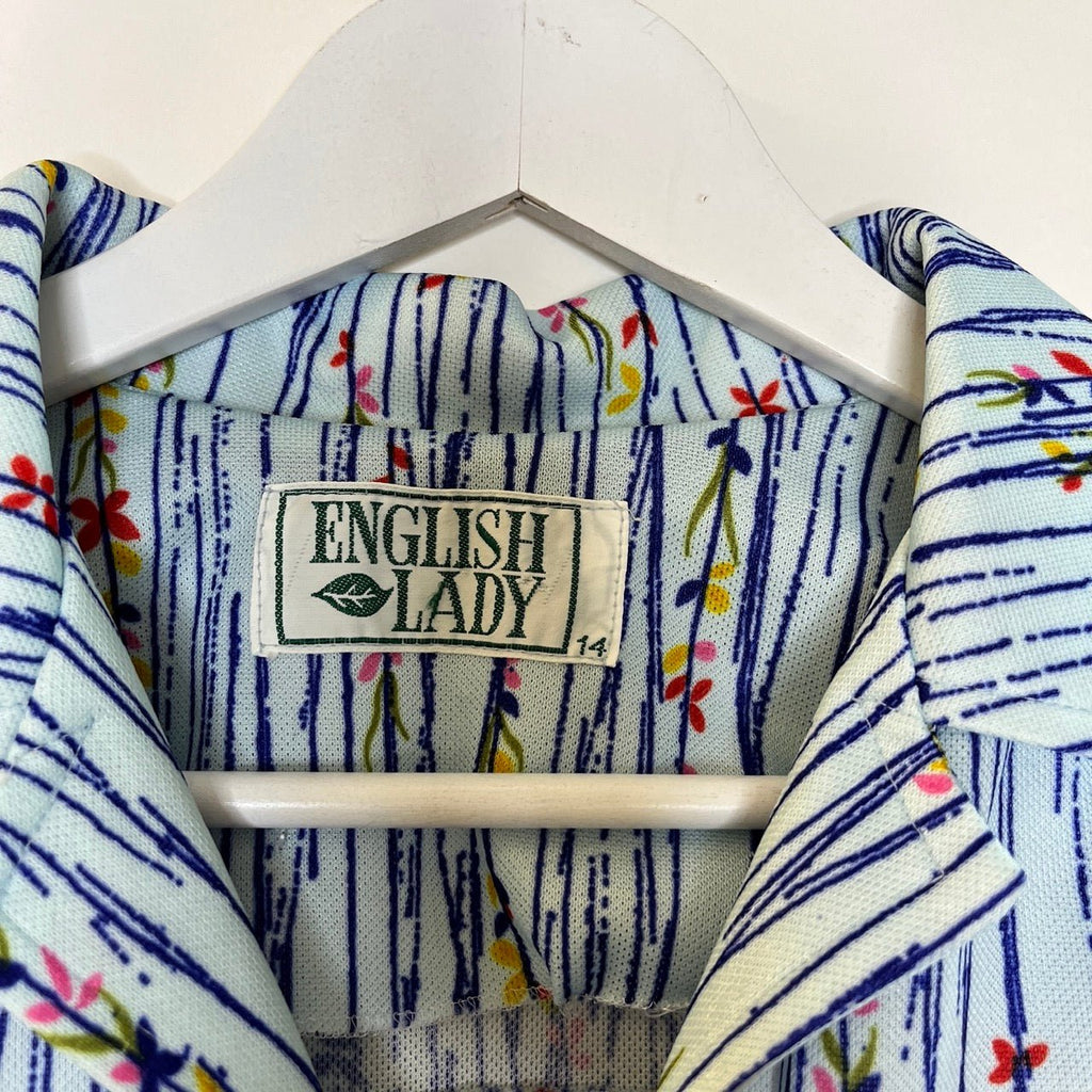 Vintage English Lady Blue Striped Floral Print Zip Up Short Sleeve Dress Size 14 - Spitalfields Crypt Trust