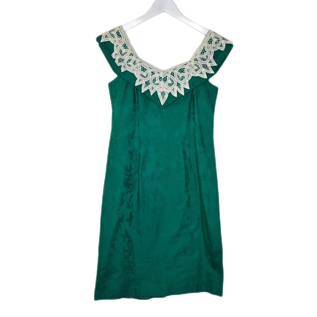 Vintage Green, Beige Dress With Lace Details Adorning The Collar - Spitalfields Crypt Trust
