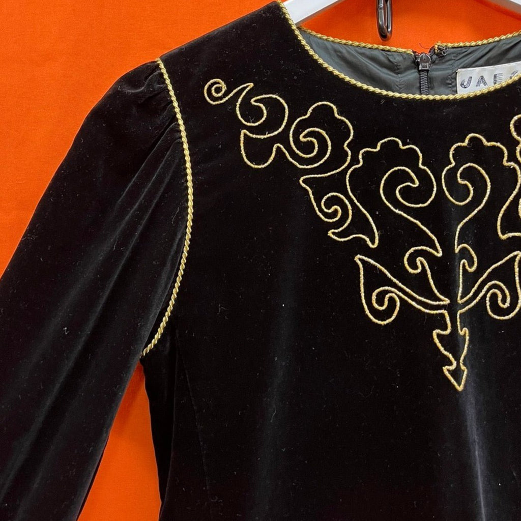 Vintage Jaeger Black, Gold Velvet Long Sleeve Dress Size 8 - Spitalfields Crypt Trust