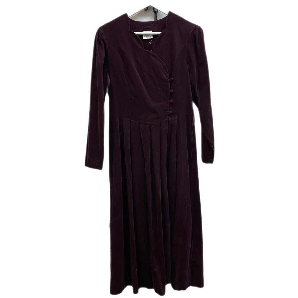 Vintage Laura Ashley Burgundy Scallop V-Neck Corduroy Dress Size UK 12 - Spitalfields Crypt Trust