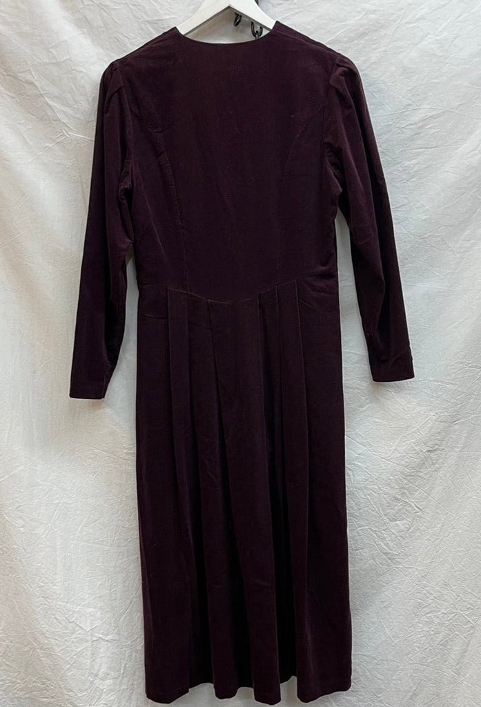 Vintage Laura Ashley Burgundy Scallop V-Neck Corduroy Dress Size UK 12 - Spitalfields Crypt Trust