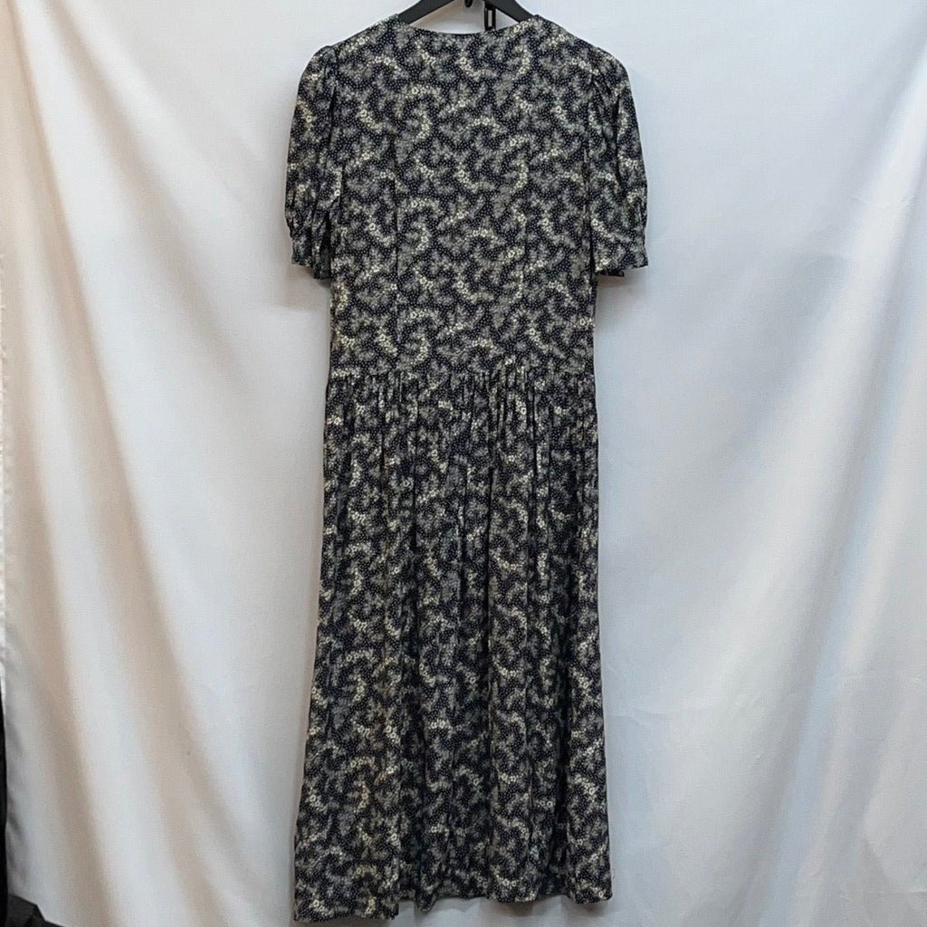 Vintage Laura Ashley Navy, Beige Floral Print Short Sleeve Dress Size UK 12 - Spitalfields Crypt Trust