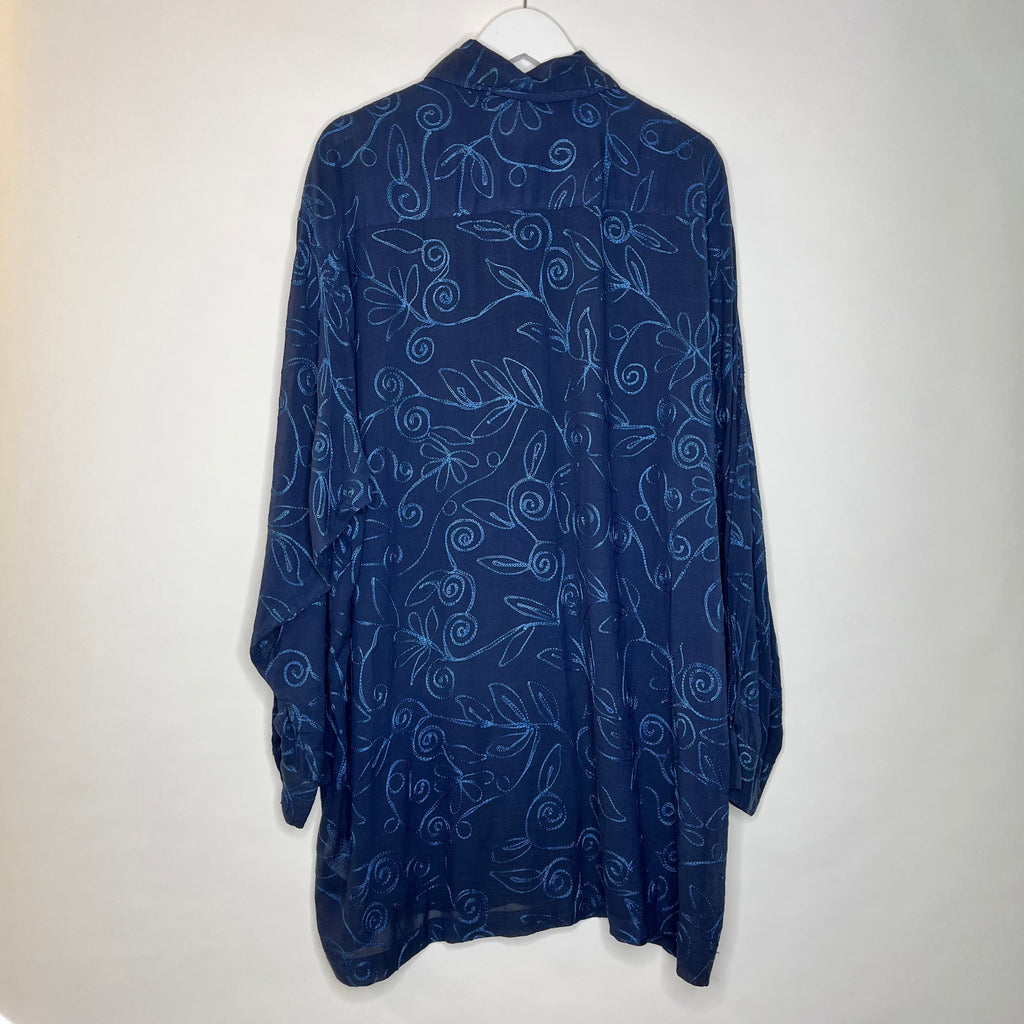 Vintage Topshop Unlimited 1990s Grunge Navy Blue Embroidered Tunic Shirt Size 12 - Spitalfields Crypt Trust