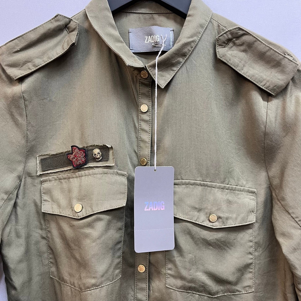 Zadig & Voltaire Khaki Military Style Embroidered Shirt Size XS - Spitalfields Crypt Trust